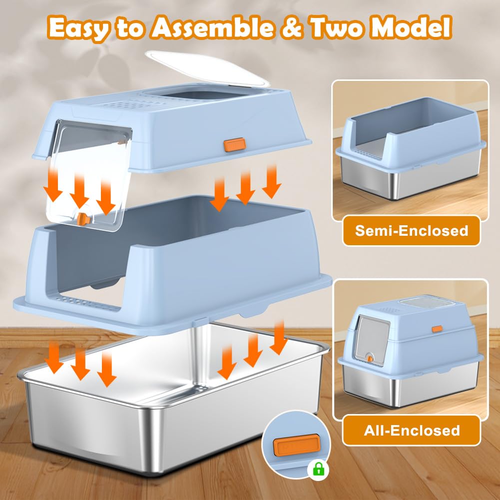 Vivifying stainless steel litter box entrance design demonstrates single entry and dual exits