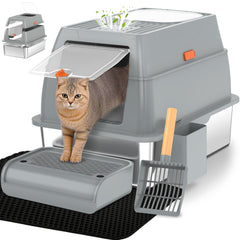 Vivifying stainless steel litter box lid front view; roomy interior for big cats