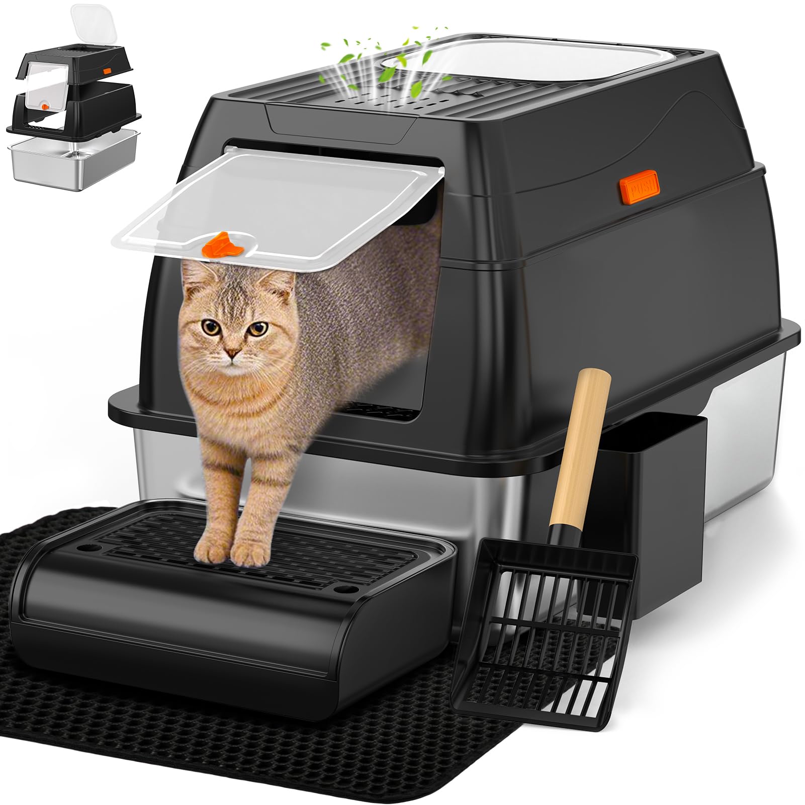 Vivifying stainless steel litter box XL front-entry closed mode for large cats and odor control