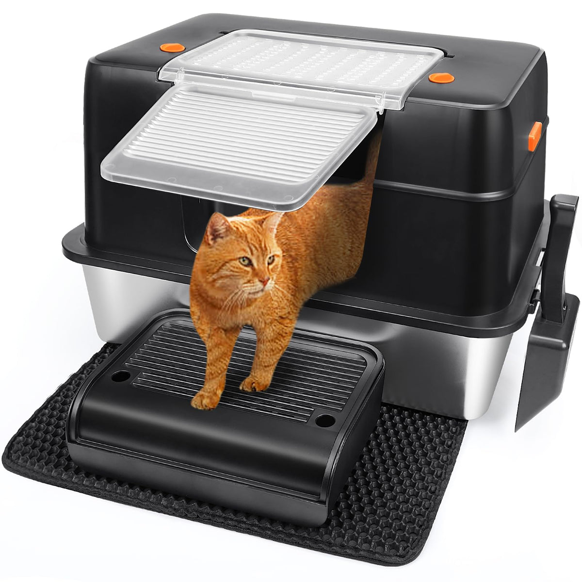 Vivifying stainless steel litter box with XL side entry and lid for large cats