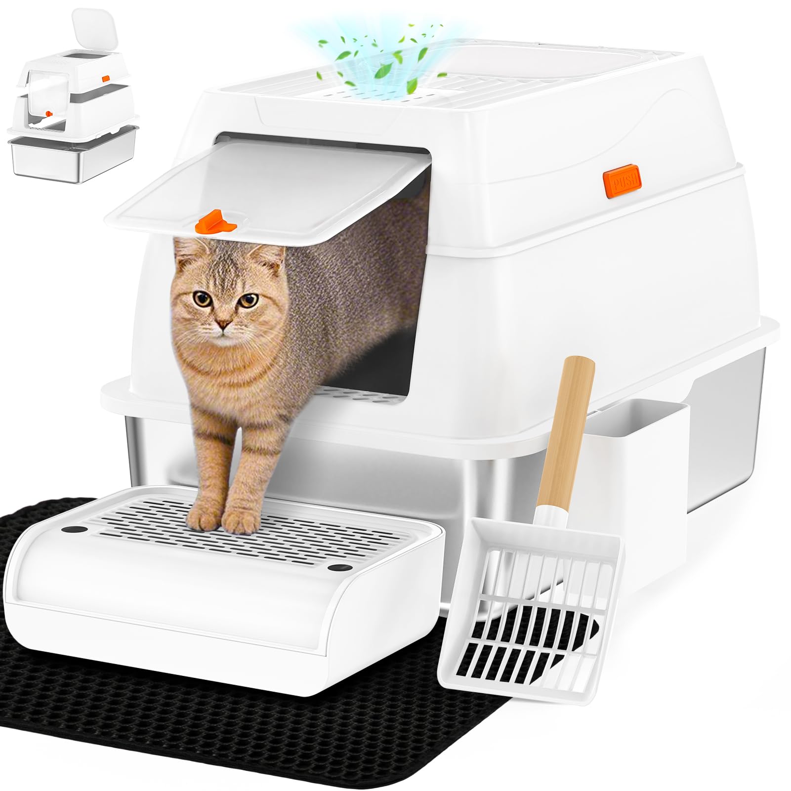 Vivifying XL stainless litter box with lid shows enclosed design for odor control.