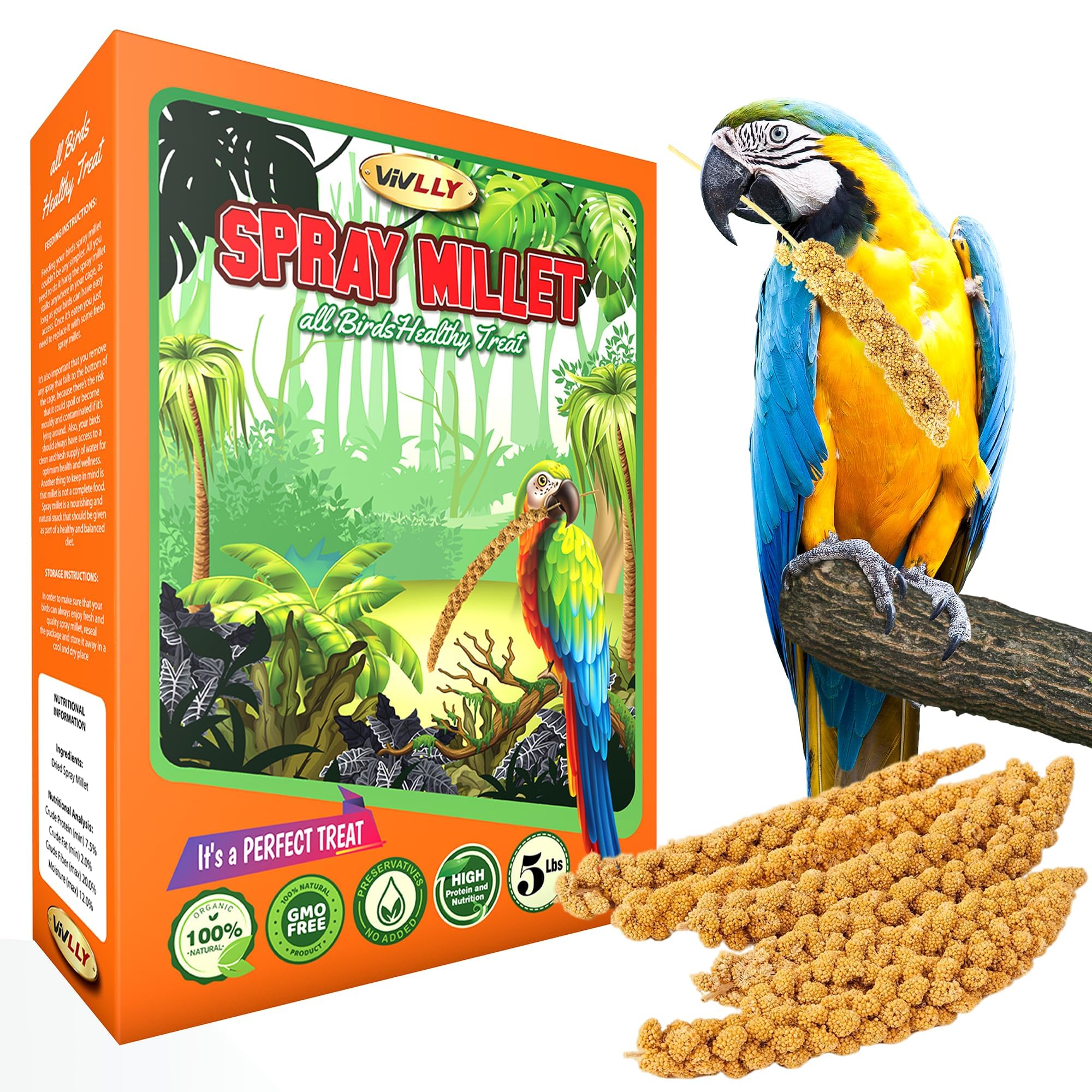 Vivlly spray millet serving in bird feeder promotes interactive feeding.