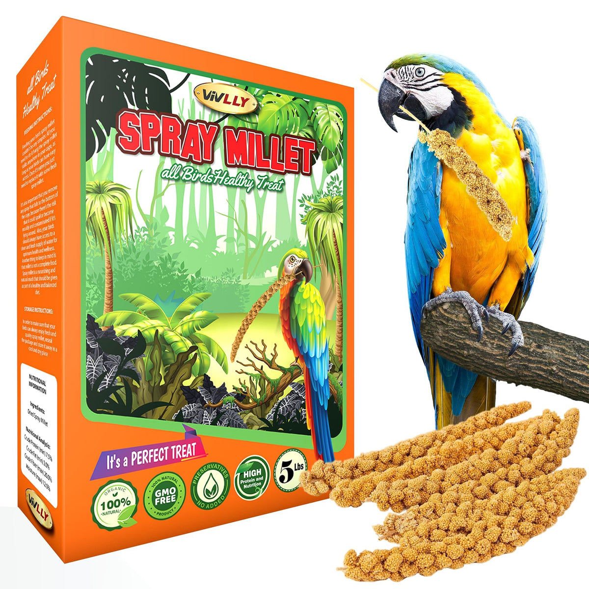 Vivlly spray millet bag front view demonstrates easy storage and fresh snacking.