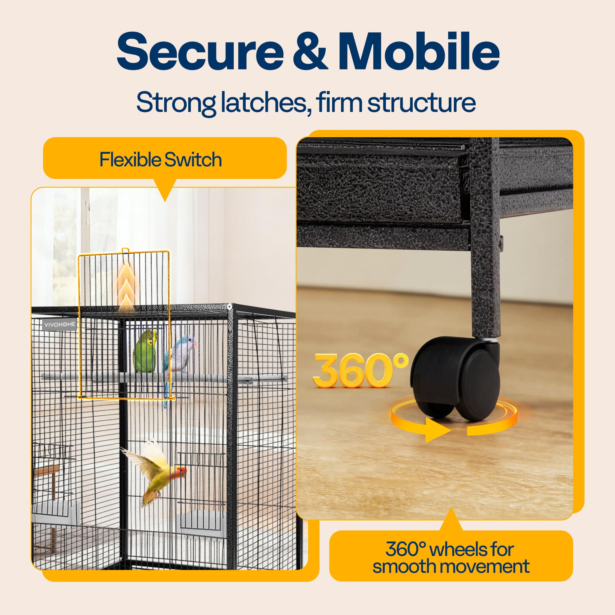 VIVOHOME bird cage safety latches and wires enhance security during play.