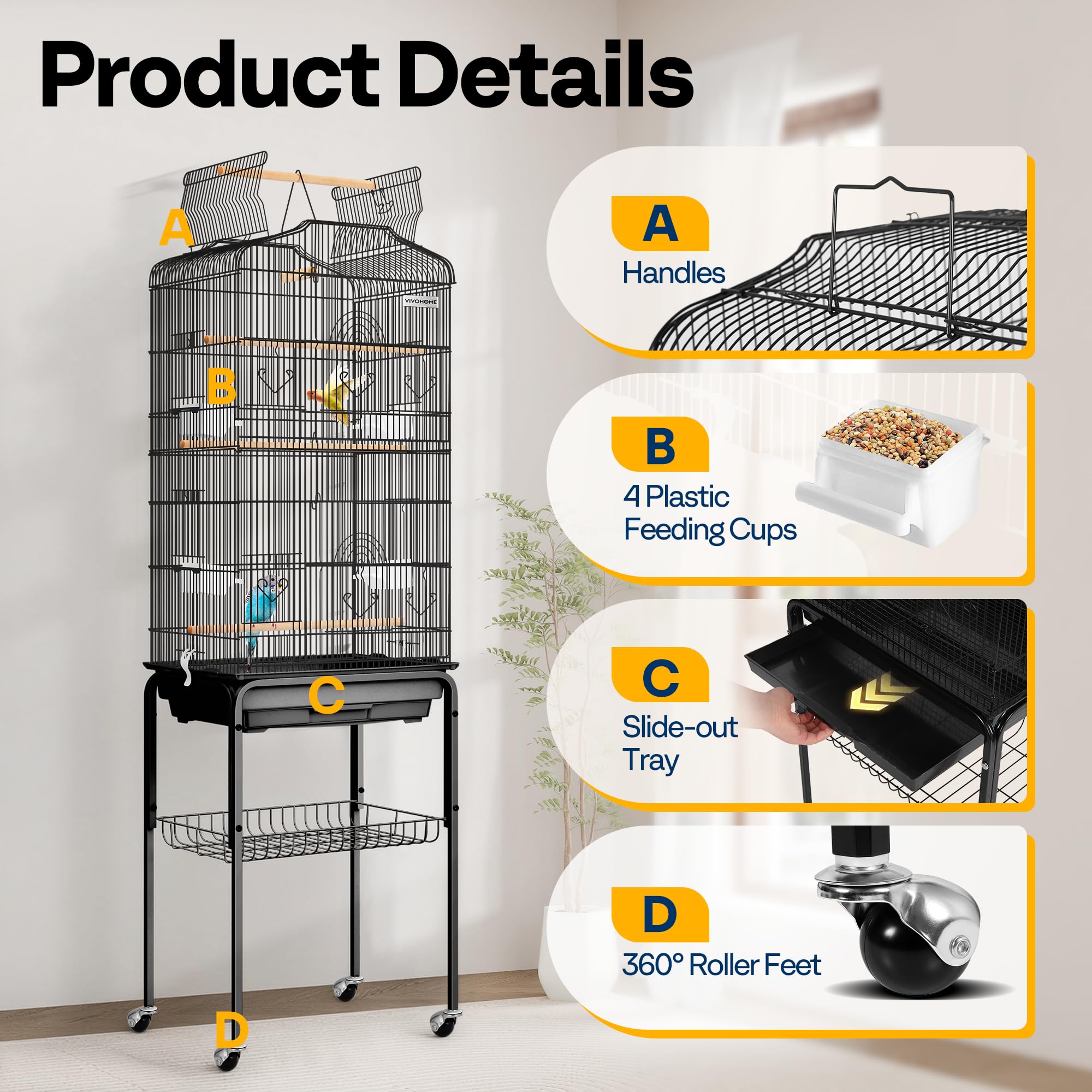 VIVOHOME cage with swing and perches promoting activity and enrichment.