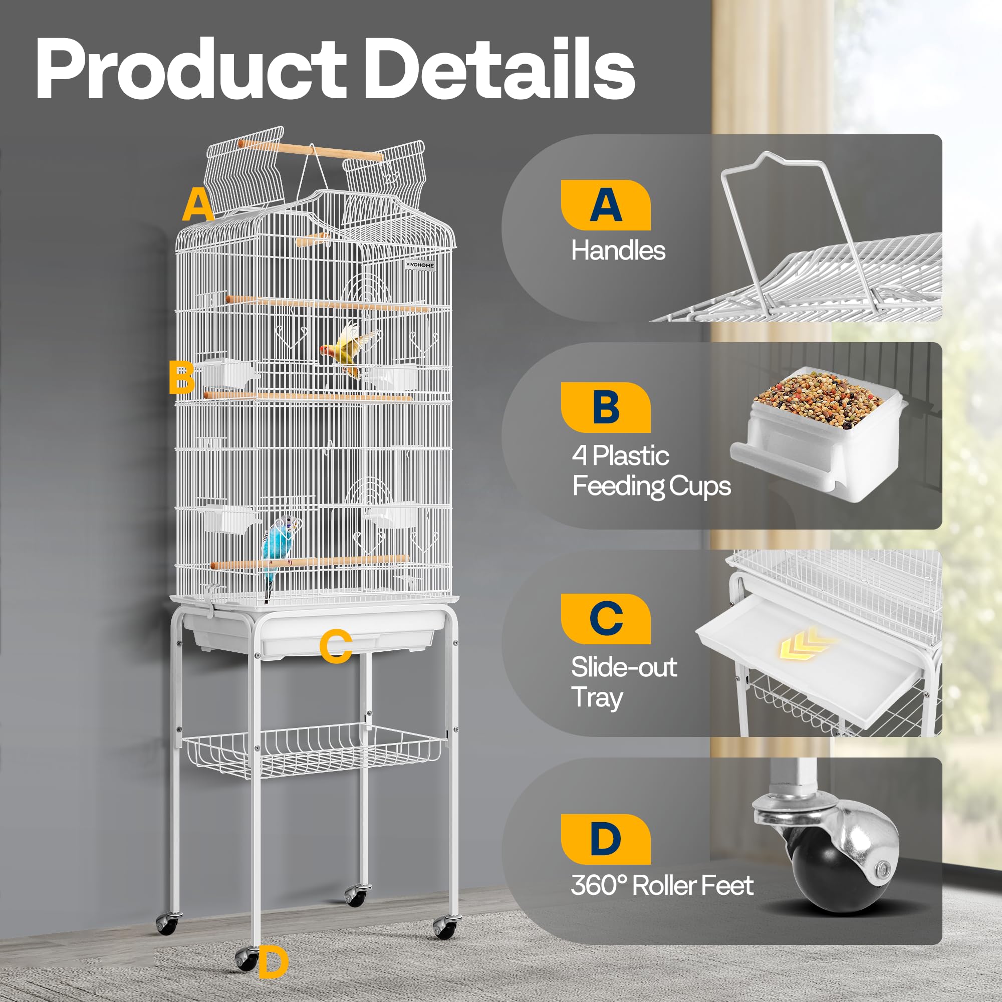 VIVOHOME cage includes a swing and multiple perches for enrichment