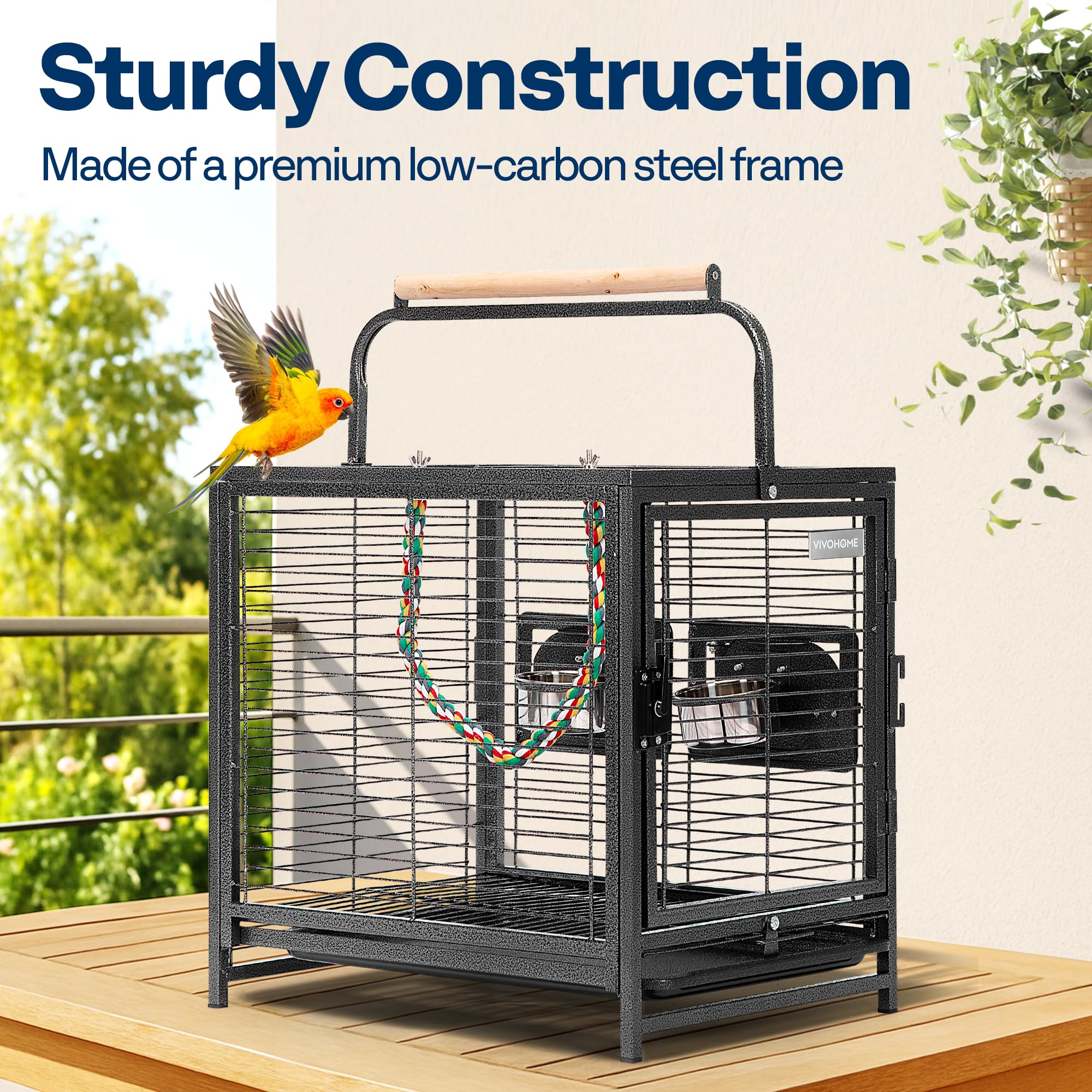 VIVOHOME bird travel cage top perch view highlights built-in wooden perch for social play.