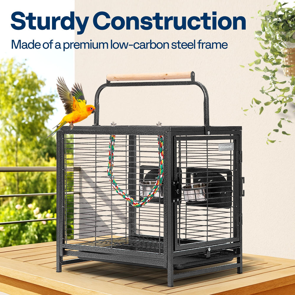 VIVOHOME bird travel cage top perch view highlights built-in wooden perch for social play.