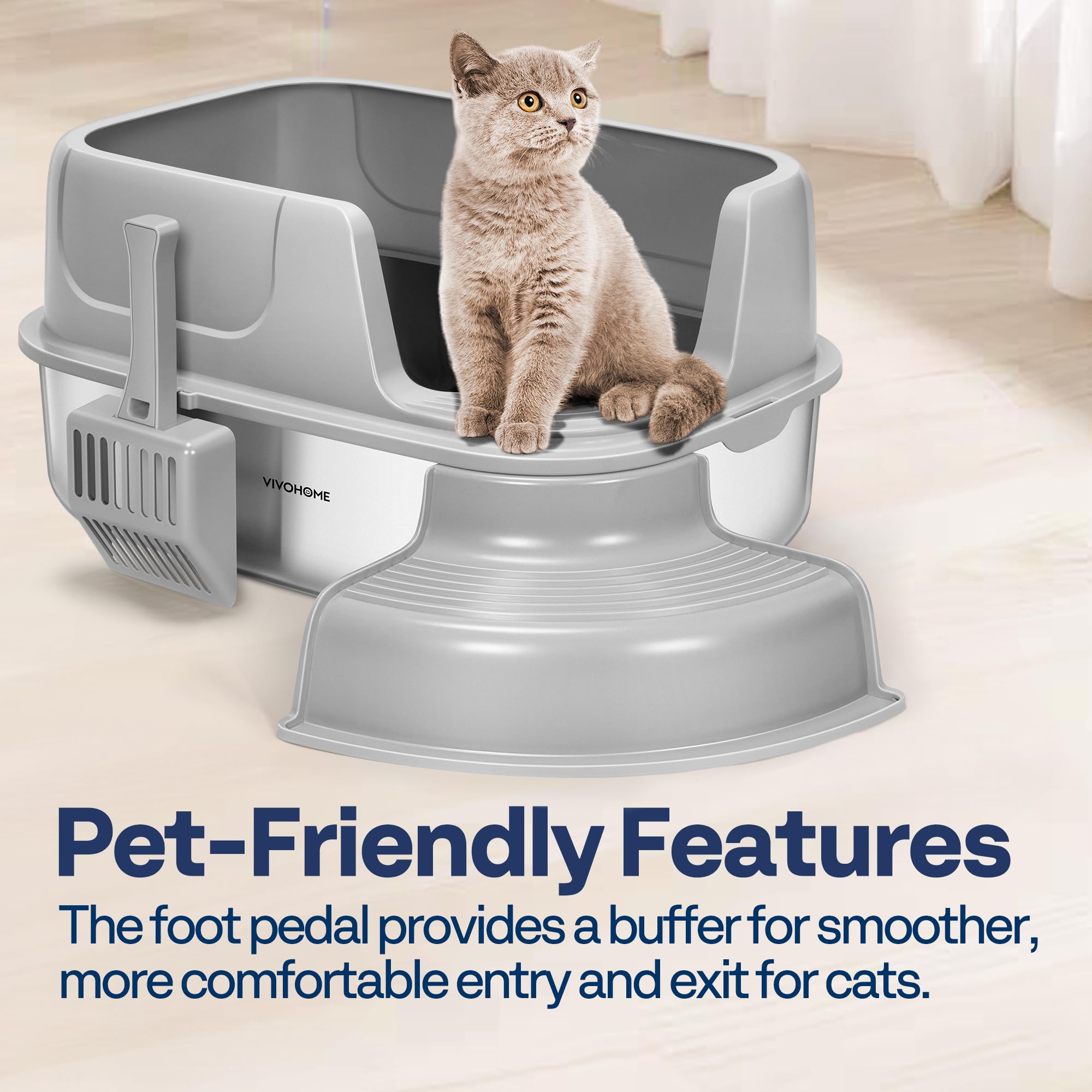 Stain-resistant stainless interior in VIVOHOME litter box resists odors and simplifies cleanup.