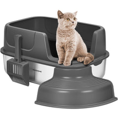 VIVOHOME XL stainless-steel litter box with cover and steps offers a spacious entry for large cats.