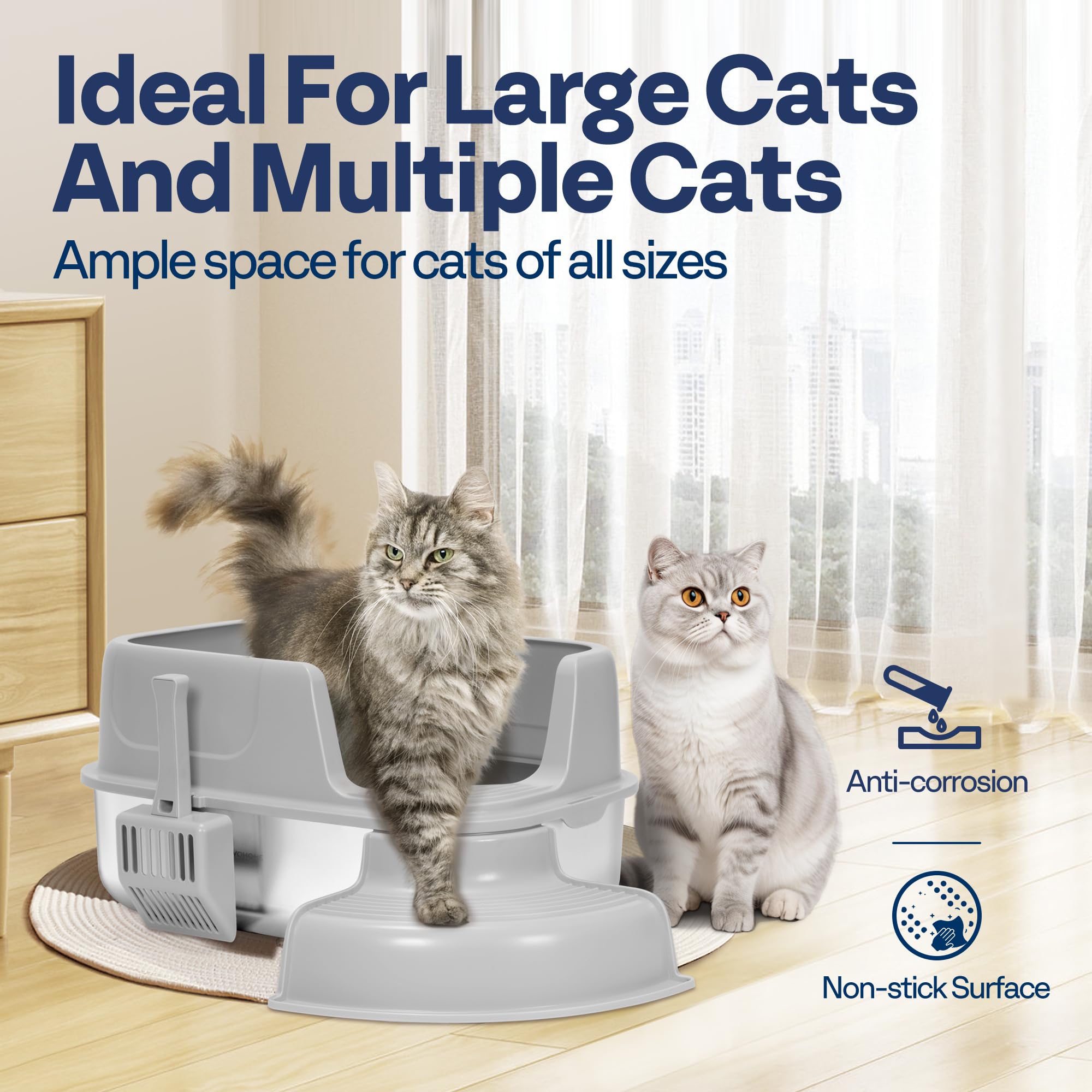 VIVOHOME stainless steel litter box interior view highlights smooth non-stick surface for easy cleaning.
