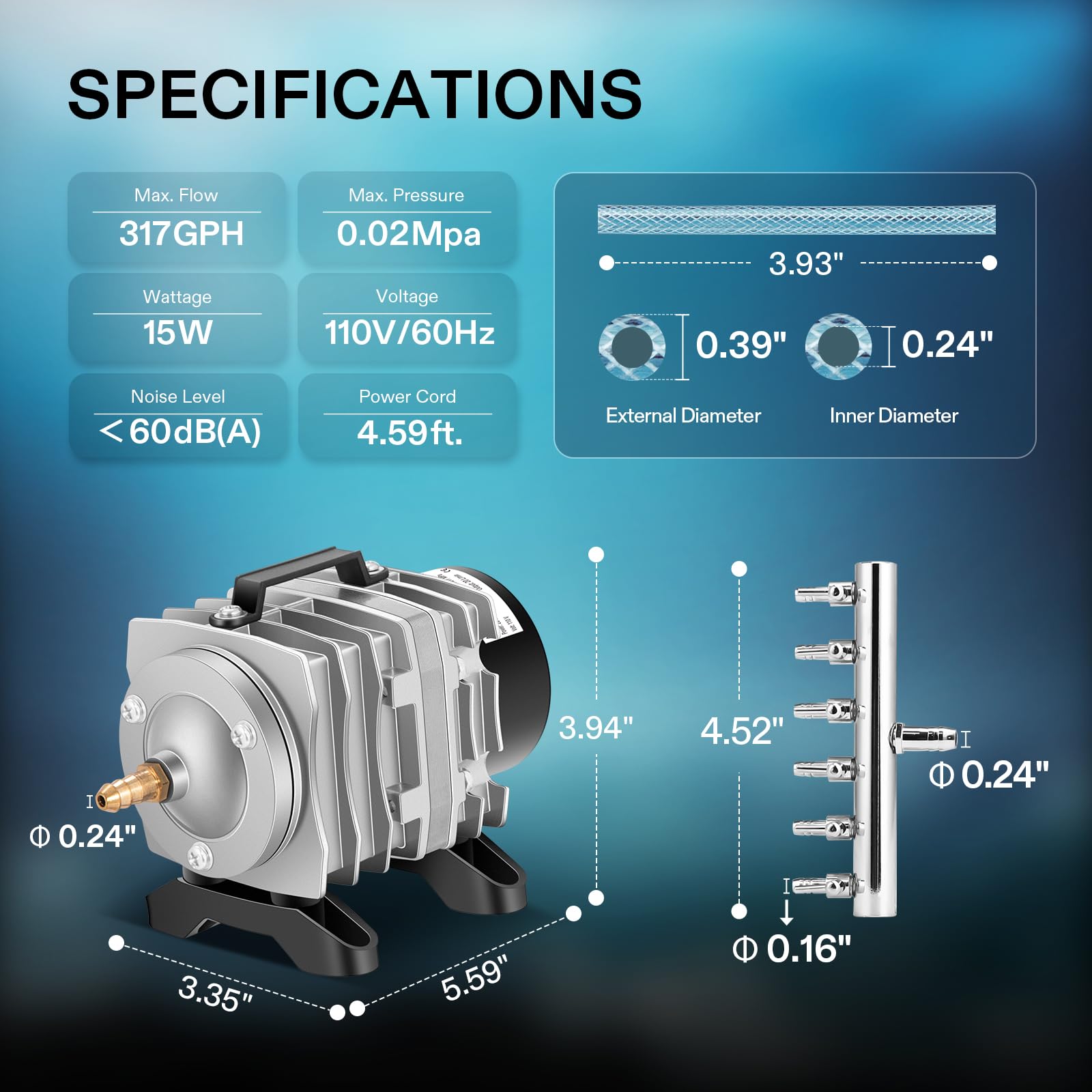 VIVOSUN 317GPH six-outlet manifold enables flexible air distribution for hydroponics and ponds.
