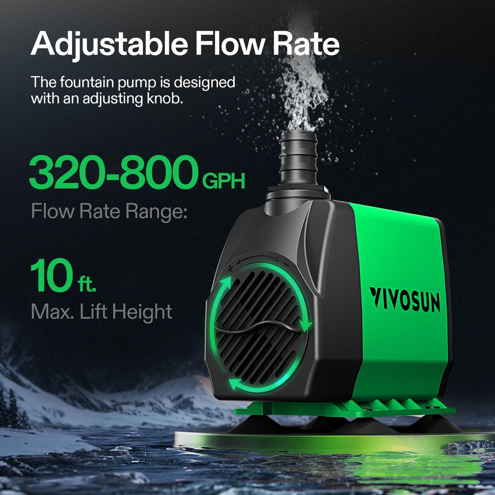VIVOSUN 800GPH submersible pump with 10ft lift for tall water features.