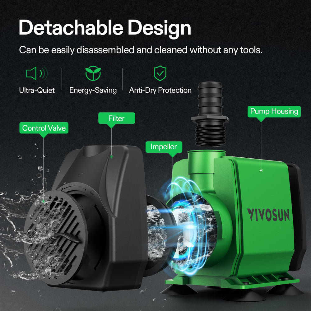 VIVOSUN pump with detachable-cleanable design for easy maintenance.