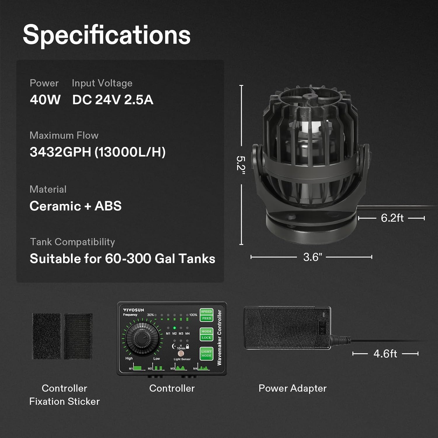 VIVOSUN feeding-mode button pauses flow for debris-free feeding in freshwater and saltwater.