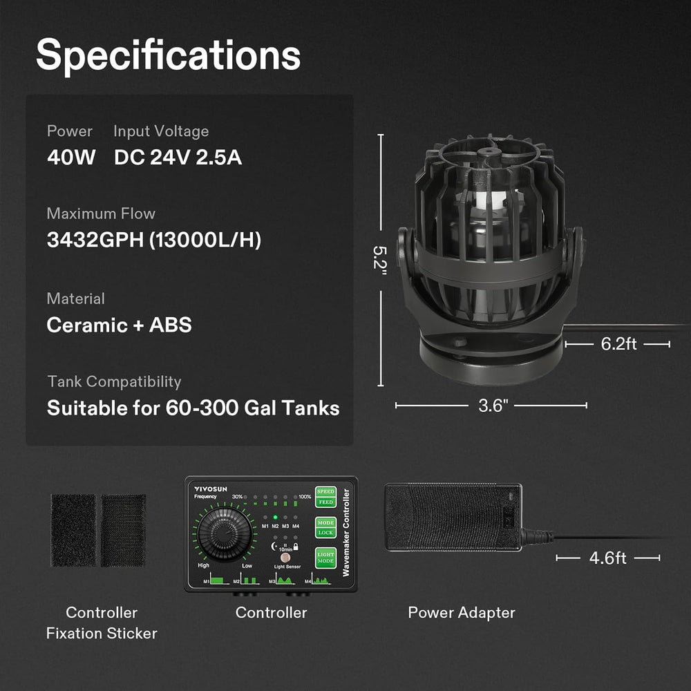 VIVOSUN feeding-mode button pauses flow for debris-free feeding in freshwater and saltwater.