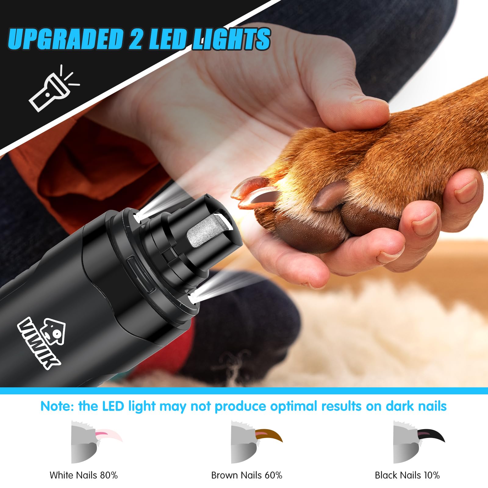 VIWIK dog nail grinder three ports for different nail sizes.