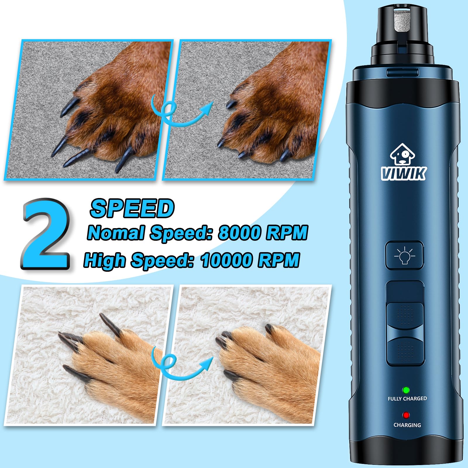 VIWIK two-speed pet nail grinder suitable for small to large dogs with adjustable performance.