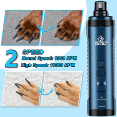 VIWIK two-speed pet nail grinder suitable for small to large dogs with adjustable performance.