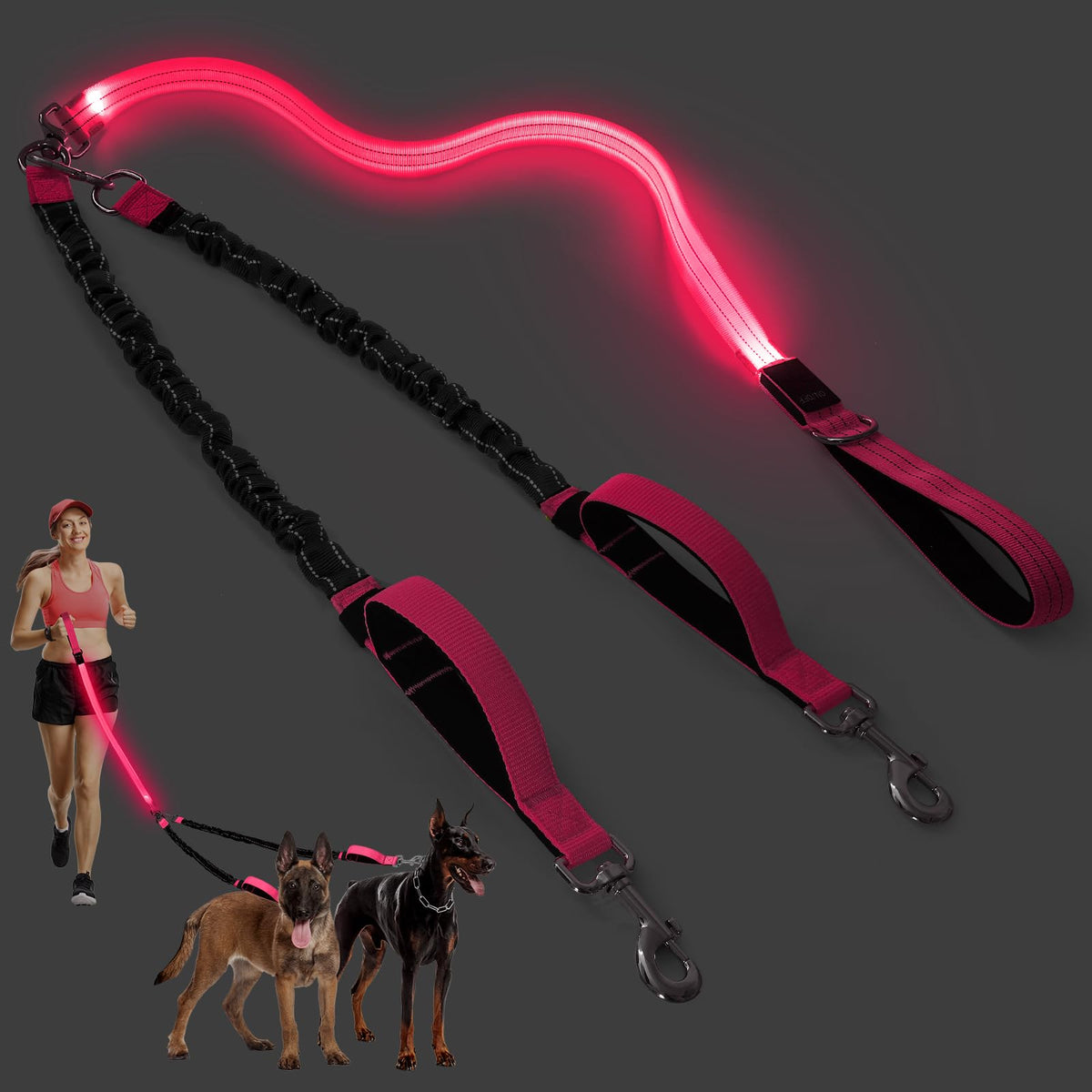 Vizbrite LED double dog leash with 360 swivel enables smooth two dog walks