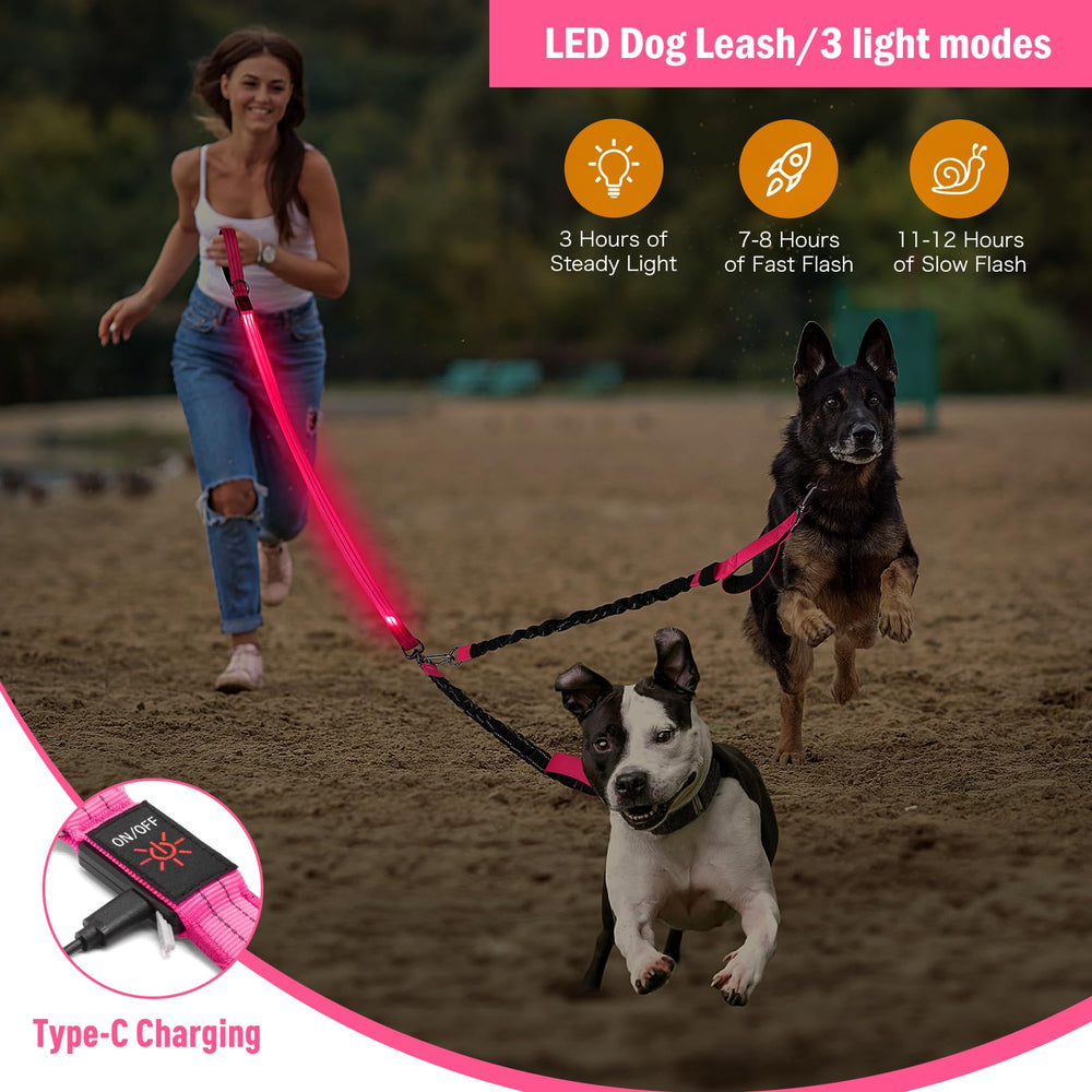 Vizbrite LED double dog leash shows battery level for evening walks