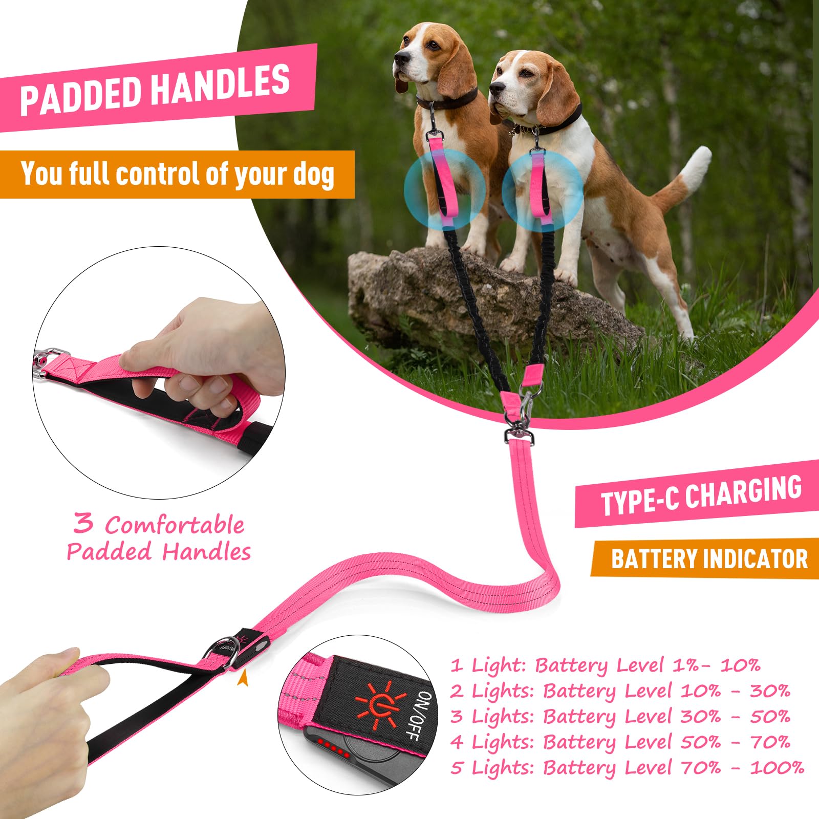 Vizbrite LED double dog leash detachable design converts to single leash