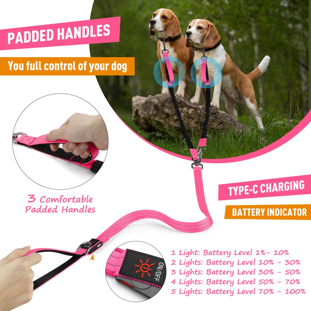 Vizbrite LED double dog leash detachable design converts to single leash