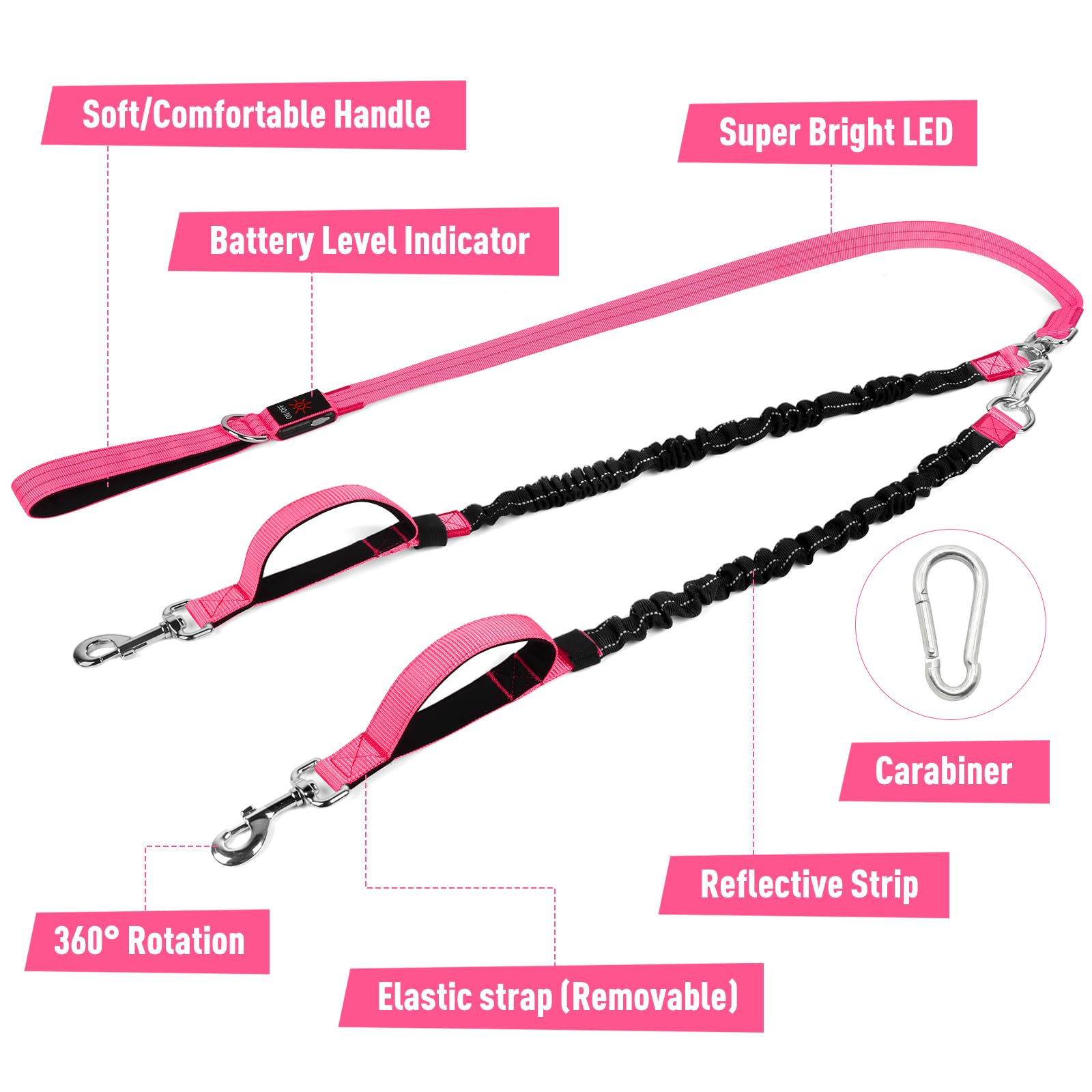 Vizbrite LED double dog leash reflective accents for nighttime visibility