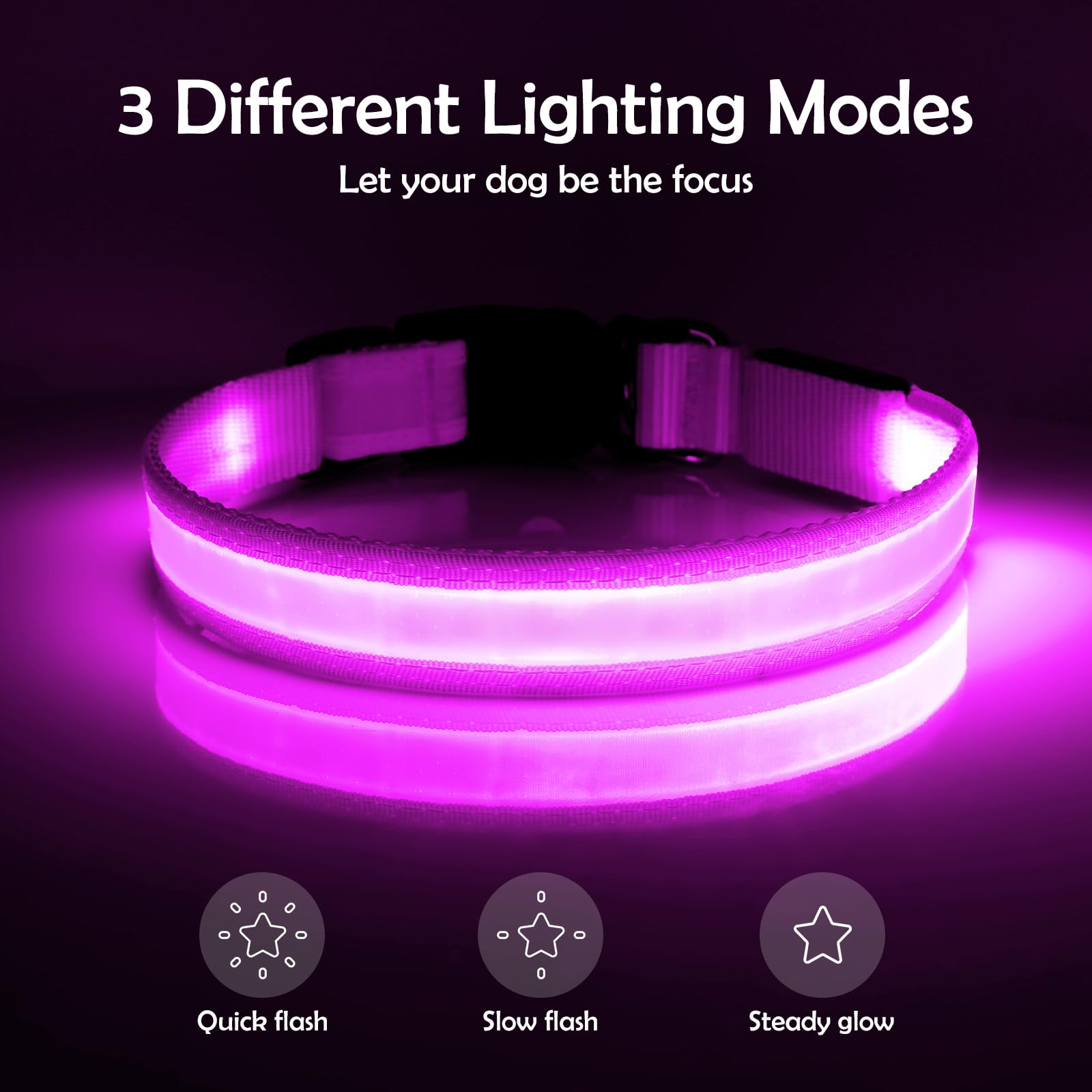 VIZPET collar LED morado, carga USB conveniente para recarga rápida.