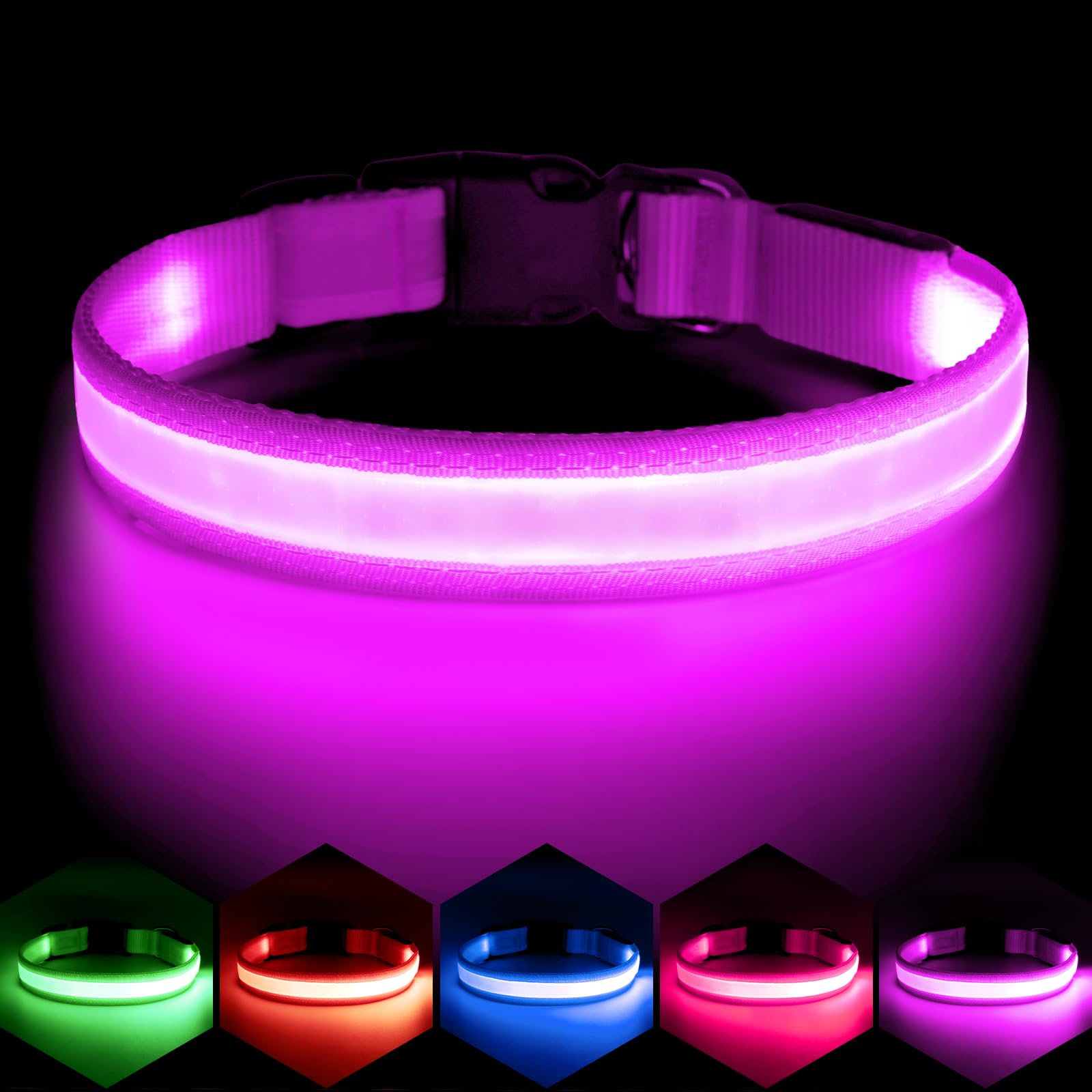 VIZPET collar LED morado, vista frontal iluminada para mayor visibilidad.