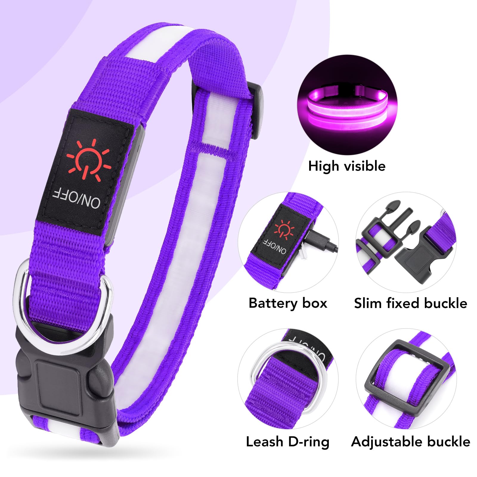 VIZPET collar LED morado, primer plano de la hebilla ajustable para ajuste cómodo.