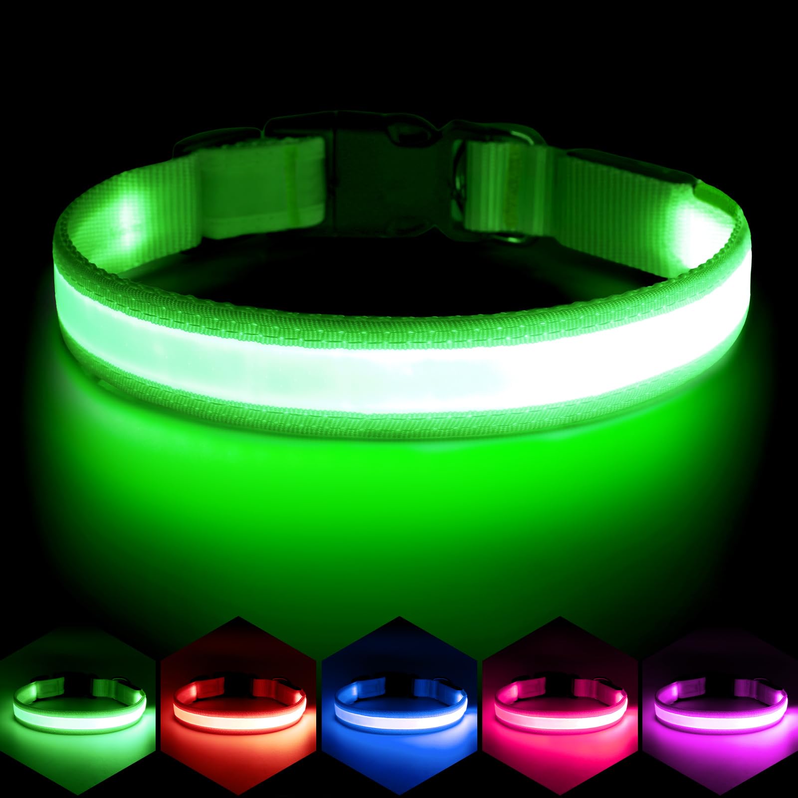 Vizpet Collar LED con ajuste cómodo para perros pequeños, listo para paseos nocturnos.