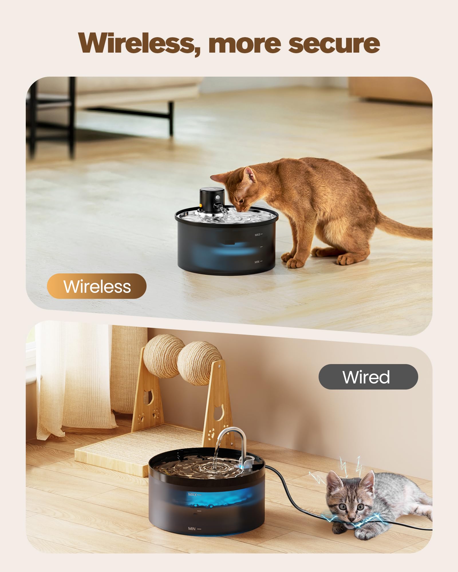 VKIMISS wireless cat water fountain side view highlights flexible placement and quiet operation