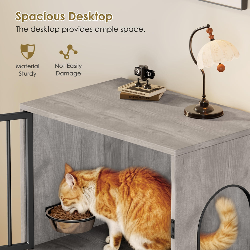 VKTO Cat Feeding Station gray finish complements small-space interiors.