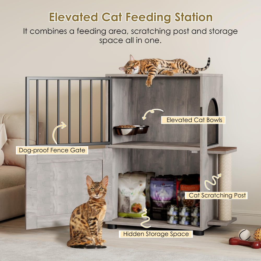 VKTO Cat Feeding Station storage compartment organizes cat food and treats.
