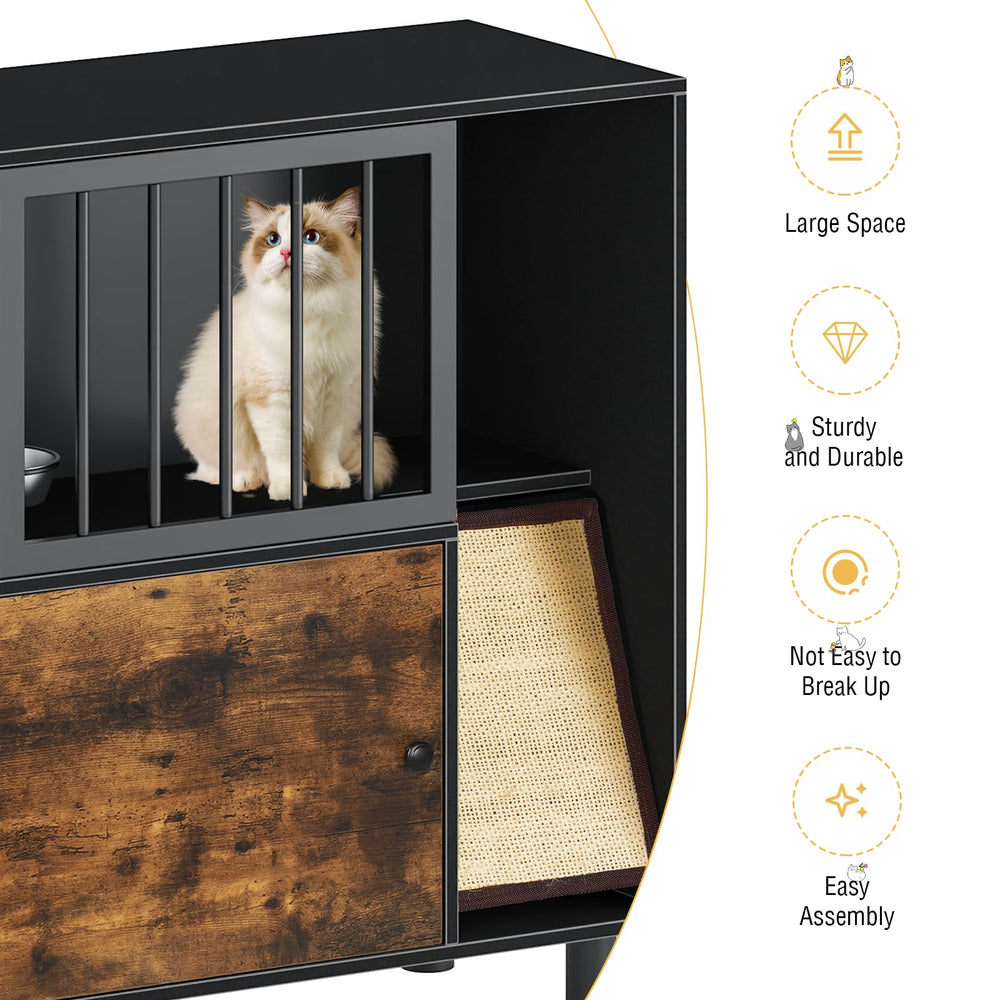 VKTO grille door demonstrates dog-proof design during cat meals.