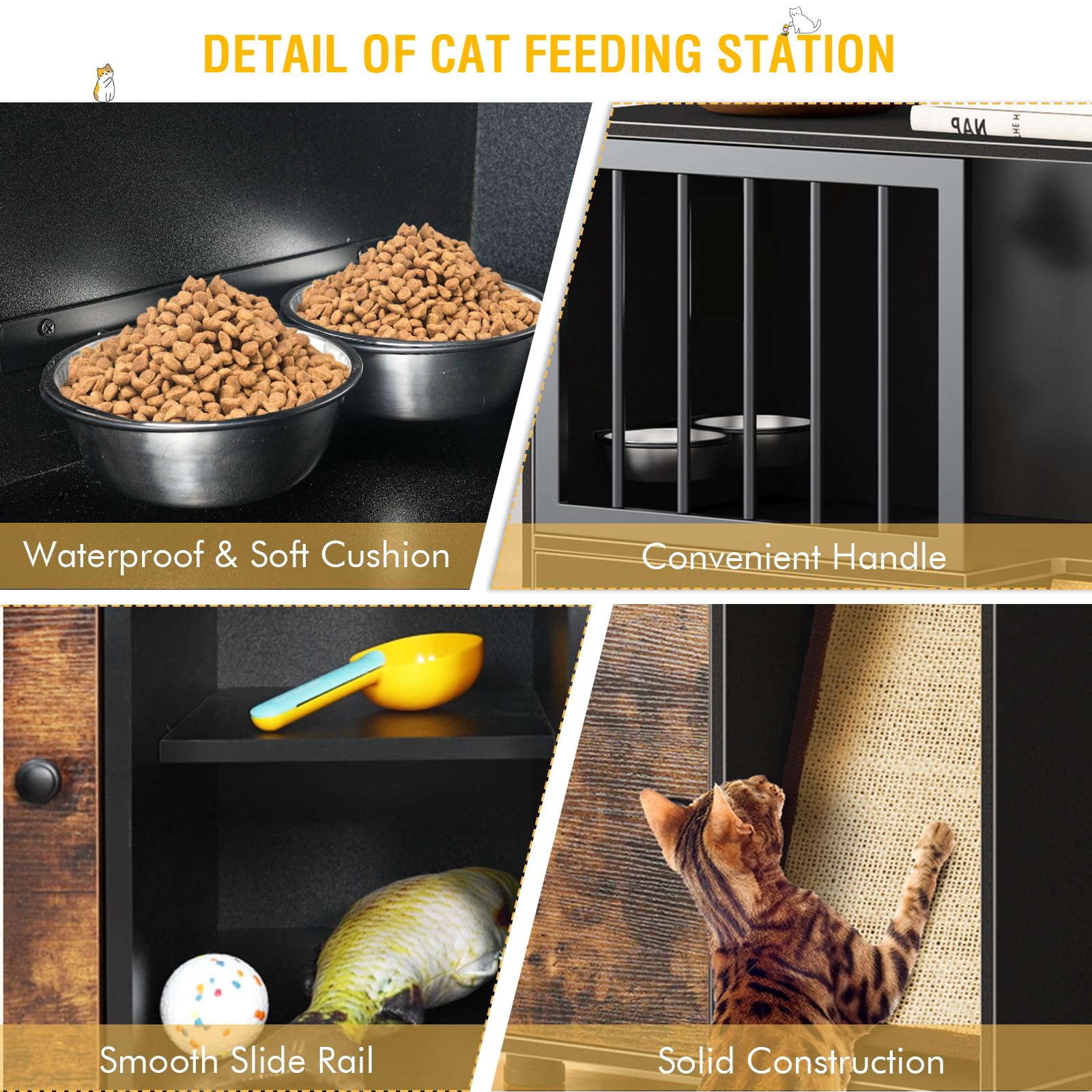 VKTO under-bowl storage lockers keep cat food organized.