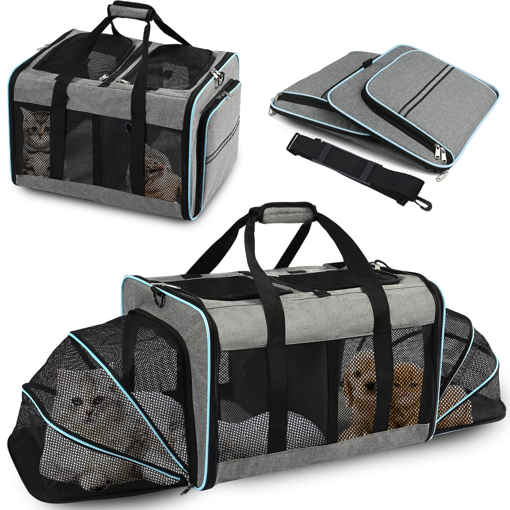 VKYSTAR dual-compartment pet carrier shown for two pets during travel