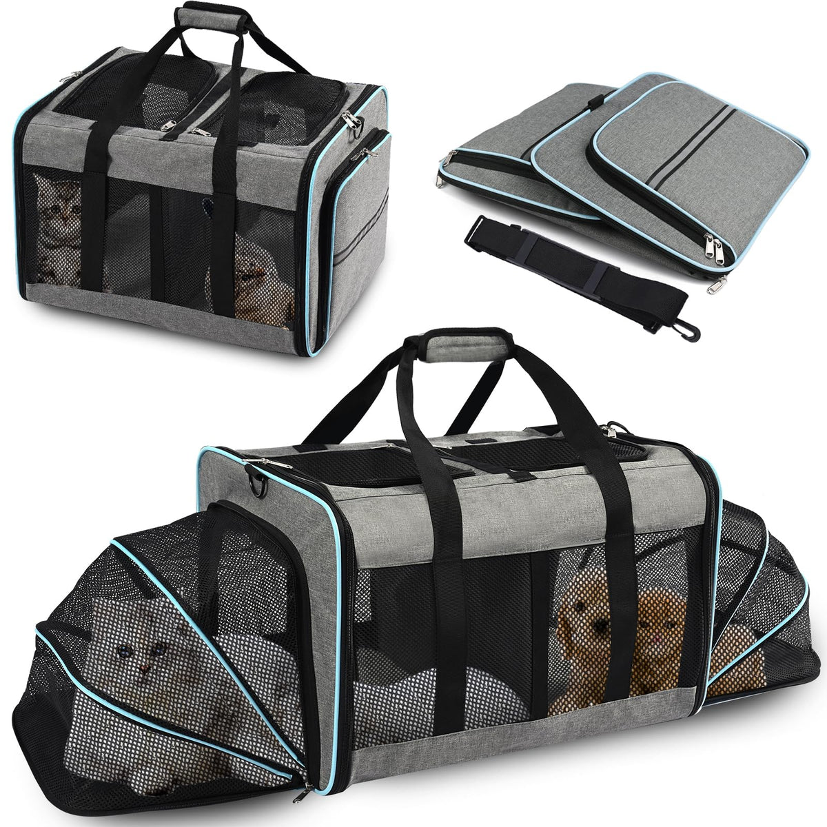VKYSTAR dual-compartment pet carrier shown for two pets during travel
