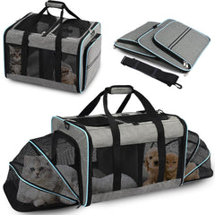 VKYSTAR dual-compartment pet carrier shown for two pets during travel