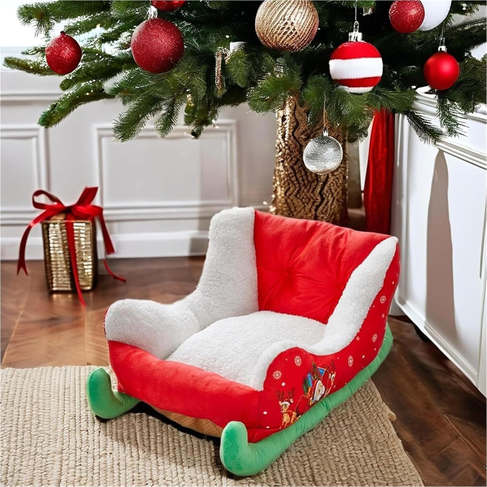 Vlmiuk Christmas Sleigh Bed closeup plush fabric and texture