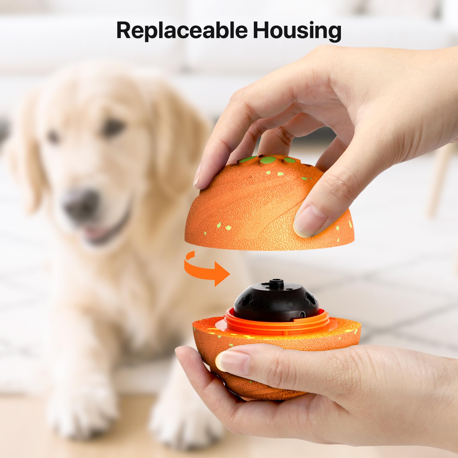 VNAKIO interactive dog ball close-up showing bite-resistance and replaceable shell.