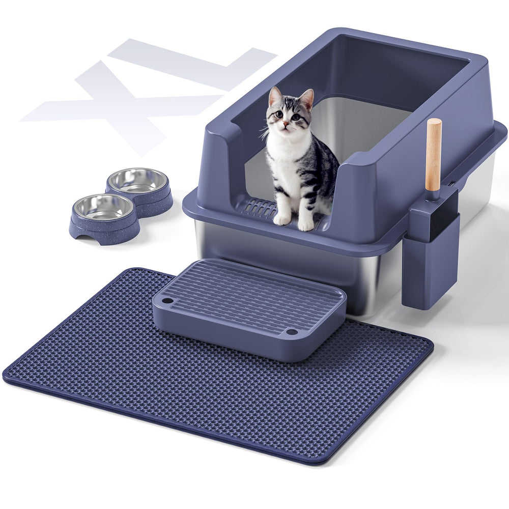 VNAKIO stainless steel litter box front view with high sides for mess containment.