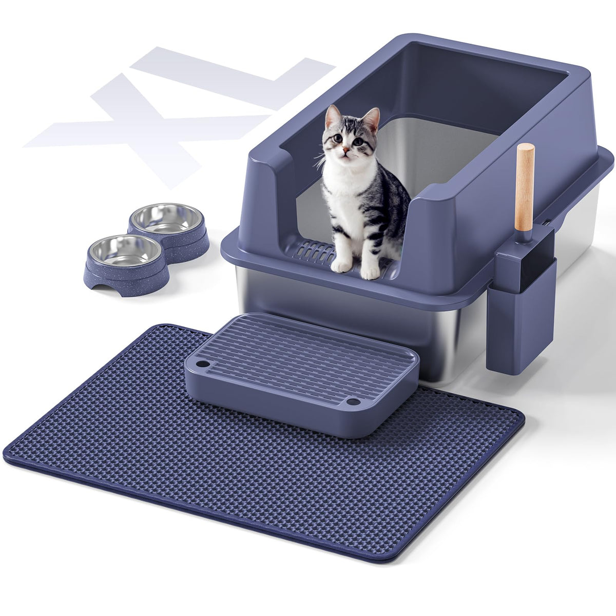 VNAKIO stainless steel litter box front view with high sides for mess containment.