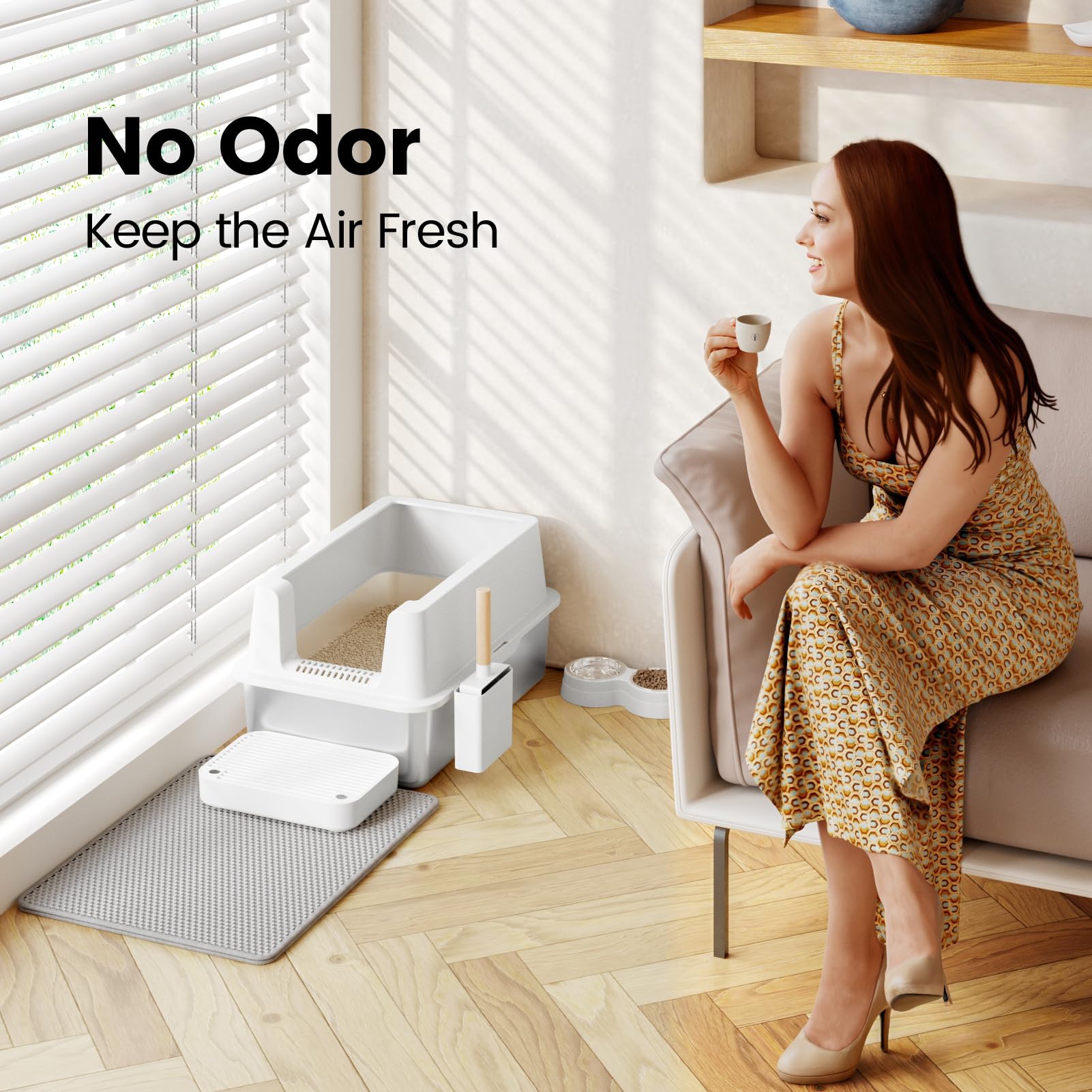 VNAKIO includes a wall-mounted litter scoop for quick cleanup.