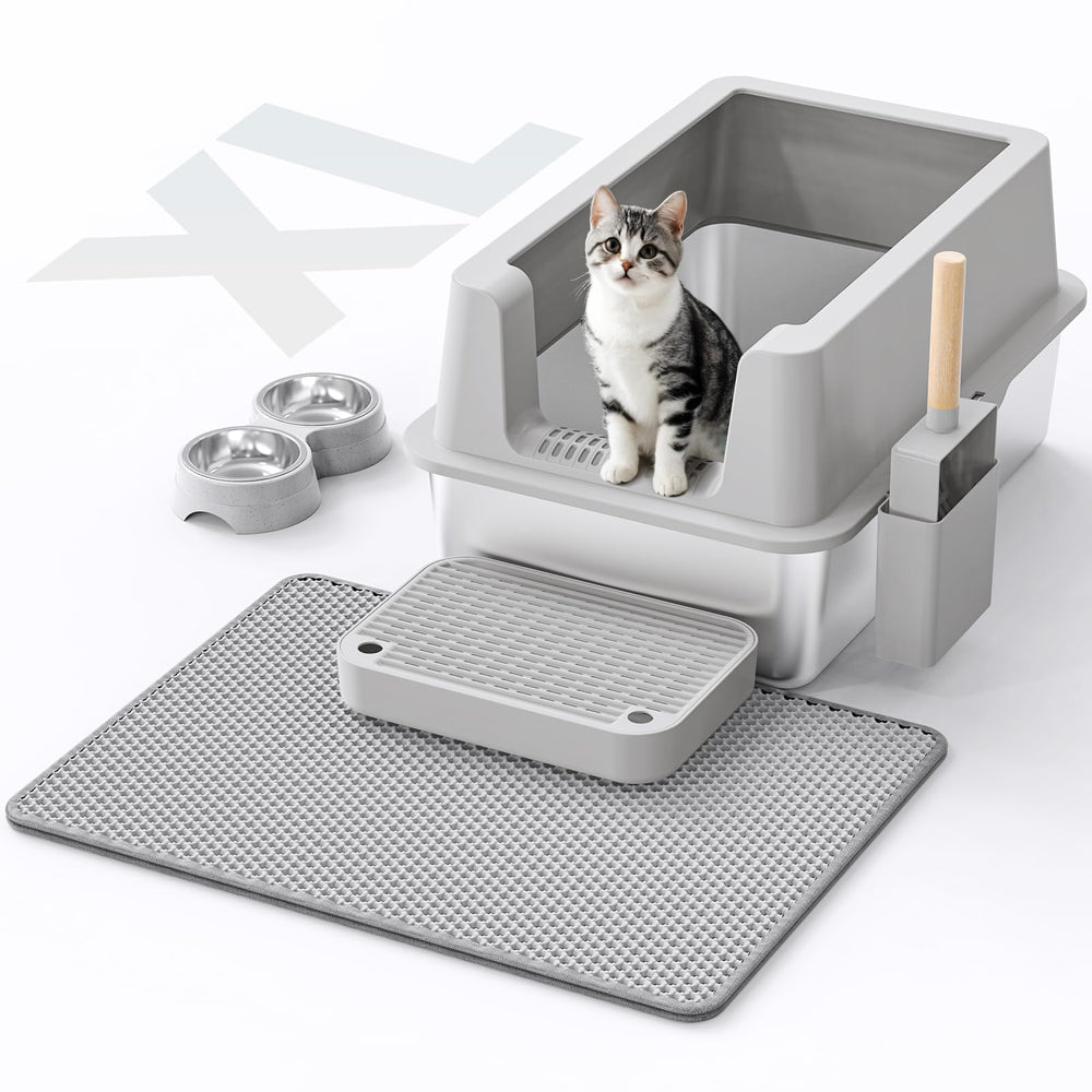 VNAKIO stainless-steel litter box top view shows high sides to reduce splash.