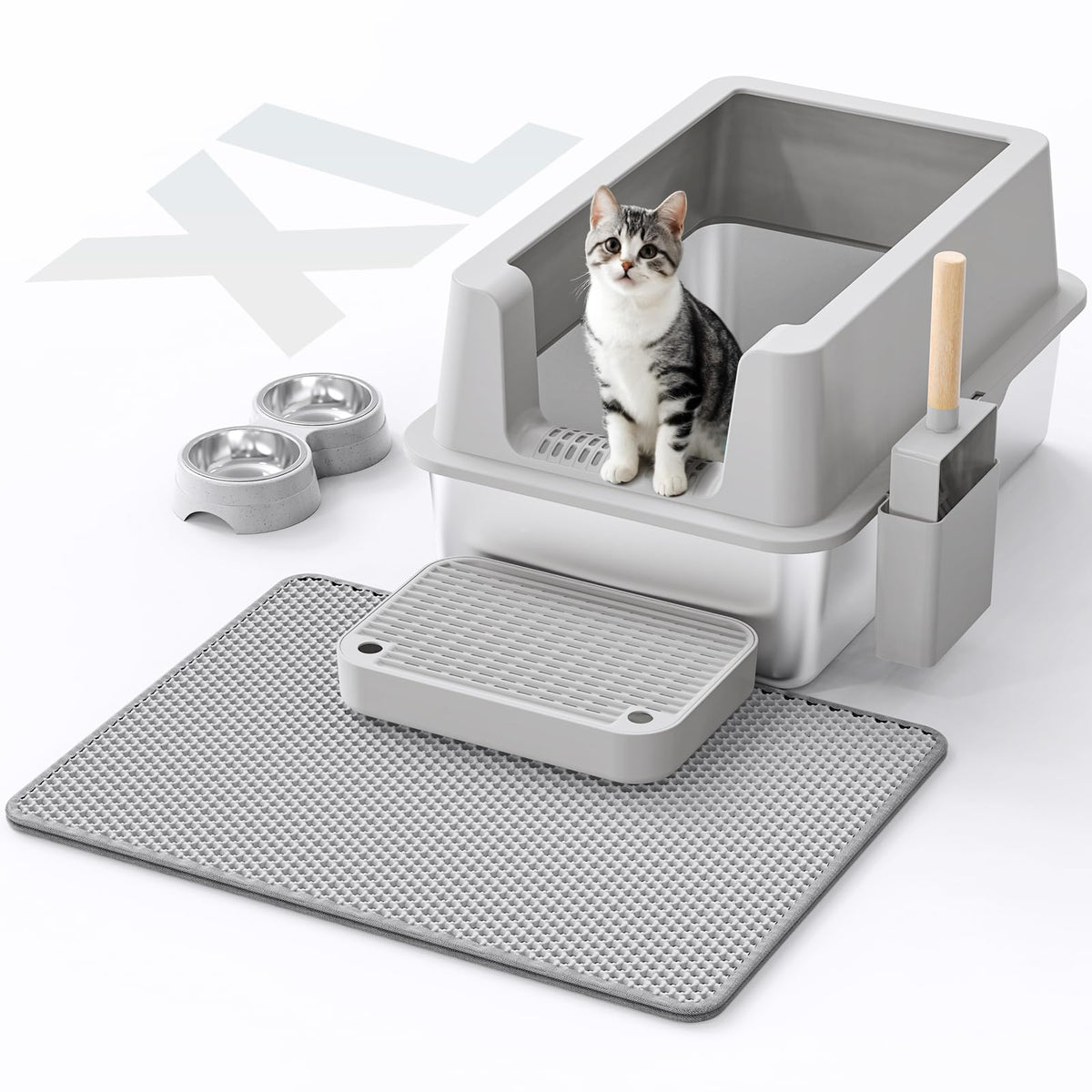 VNAKIO stainless-steel litter box top view shows high sides to reduce splash.