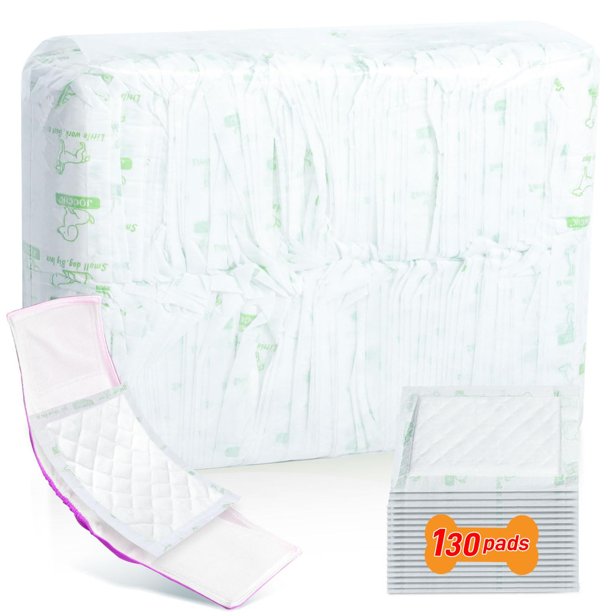 VoagLuk 130ct dog diaper liners pack showing bulk supply for quick changes