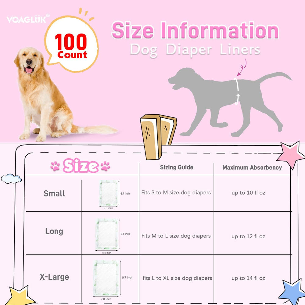 VoagLuk dog diaper liner packaging details emphasize cost-saving spill prevention.