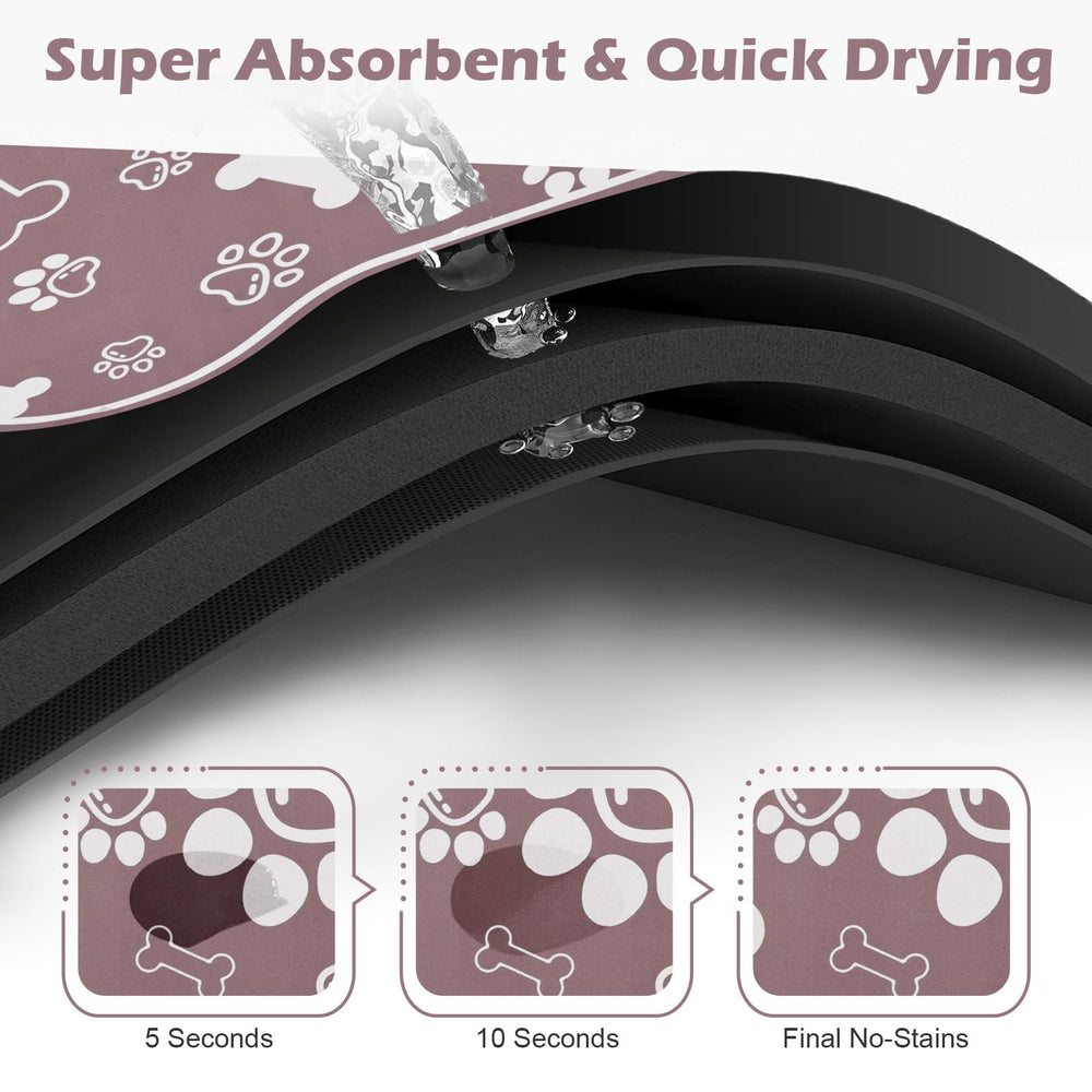 Voanos bone-shaped mat with non-slip backing helps prevent spills.